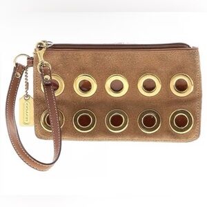 Vintage Coach Suede Grommet Eyelet Large Phone Wristlet Pouch CAMEL Brown Brass